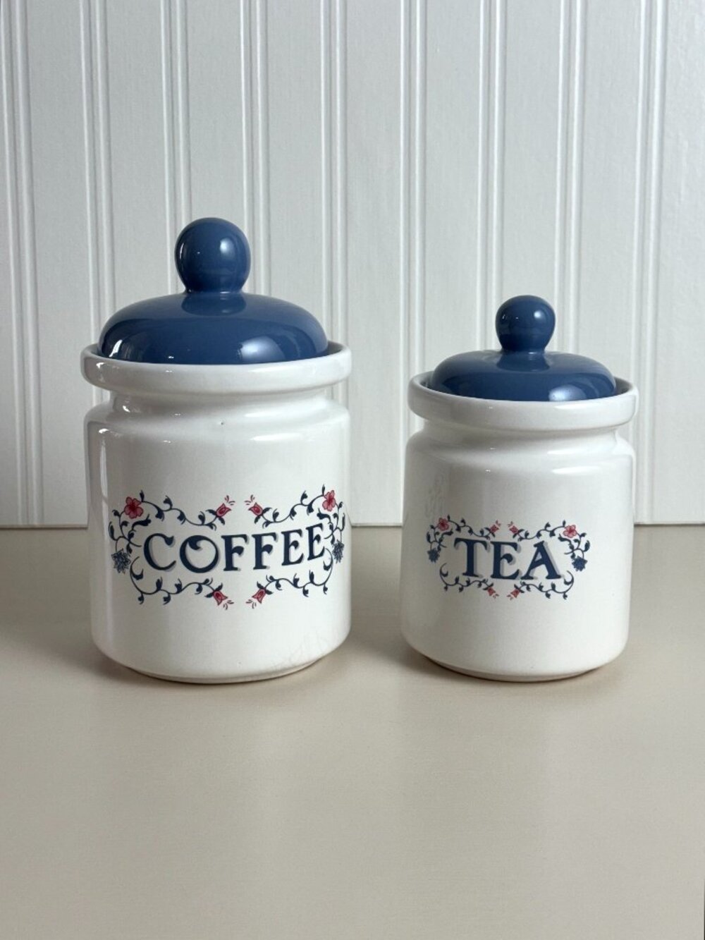 Vtg 90s Jay Ceramic Coffee & Tea Canisters Jars Blue & White Floral Cottagecore
